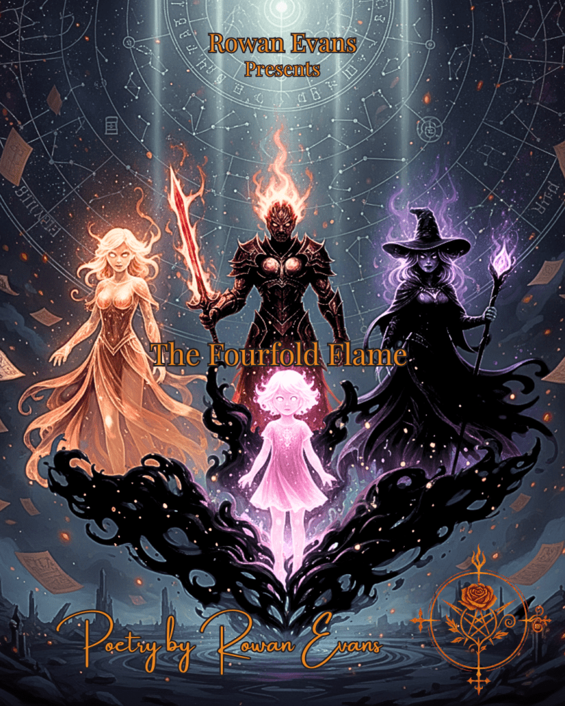 Four ethereal figures representing inner selves—heart, protector, child, and witch—emerge from swirling ink amid stardust and shadow.