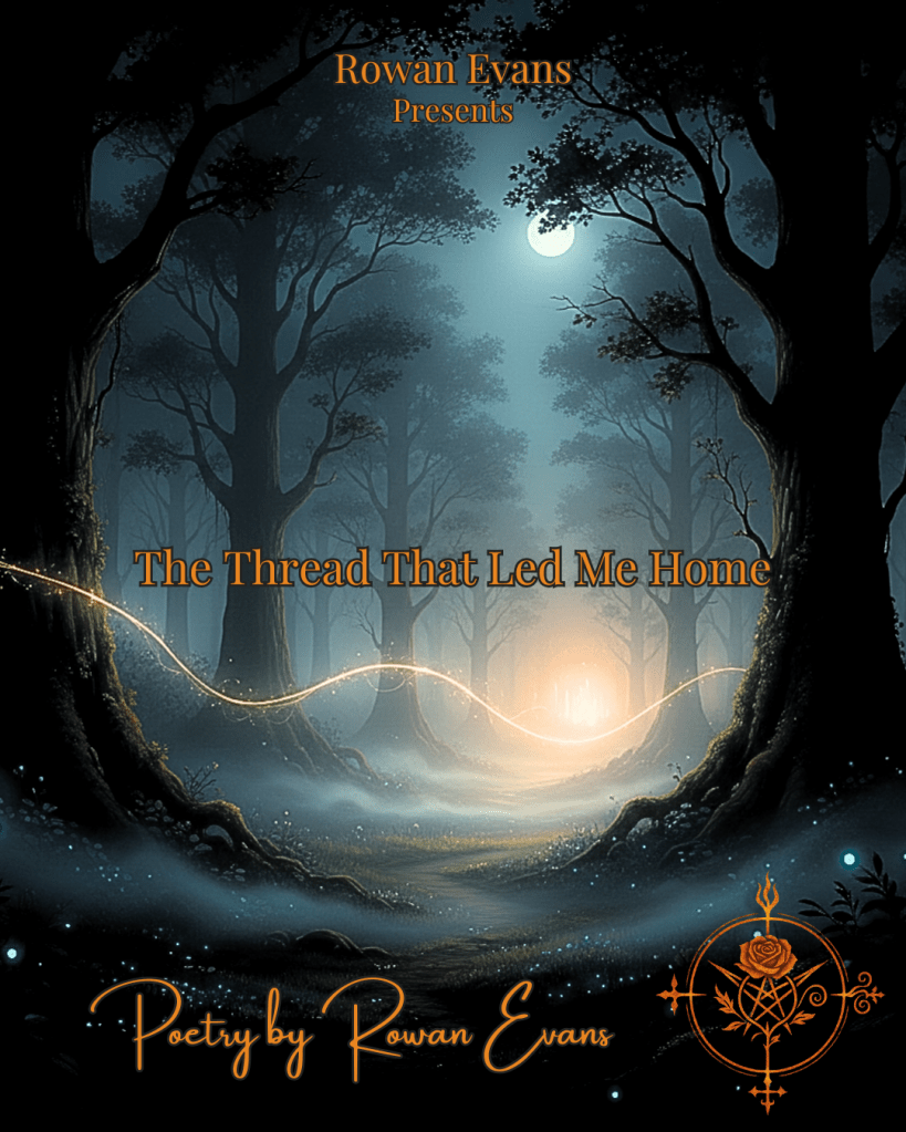 A glowing thread leads through foggy woods toward a softly lit clearing at night, symbolizing guidance and emotional connection.