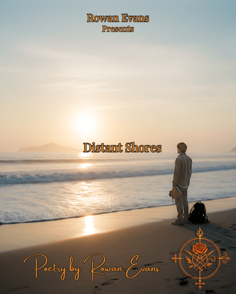 A solitary figure standing on a quiet shoreline at dawn, looking out toward distant waves and a glowing horizon.