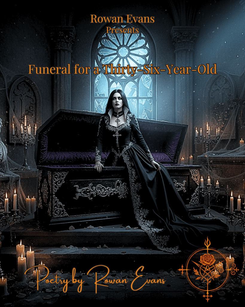 A gothic figure rising from a velvet coffin in a moonlit mausoleum, symbolizing a theatrical celebration of turning thirty-six.