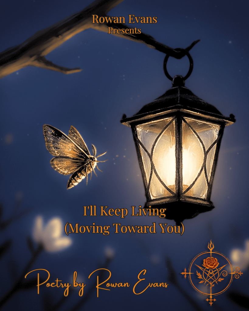 A moth hovering near a warm glowing lantern at dusk against a dark blue background.