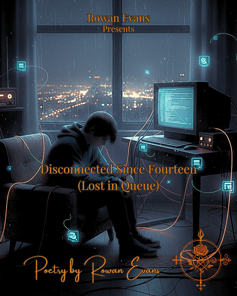 A person sitting alone in a dark room with glowing cables and signal symbols, representing emotional disconnection and longing for belonging.