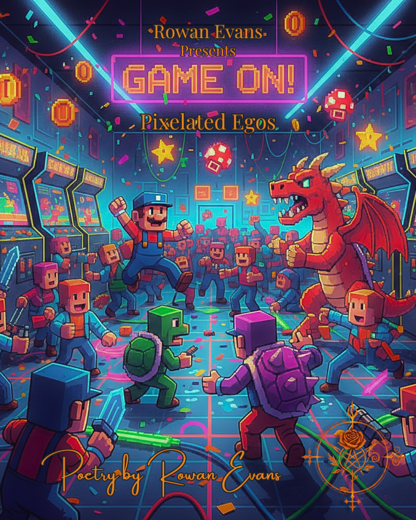 Retro pixel-art inspired party scene with video game characters clashing in a chaotic, colorful arcade-style setting.