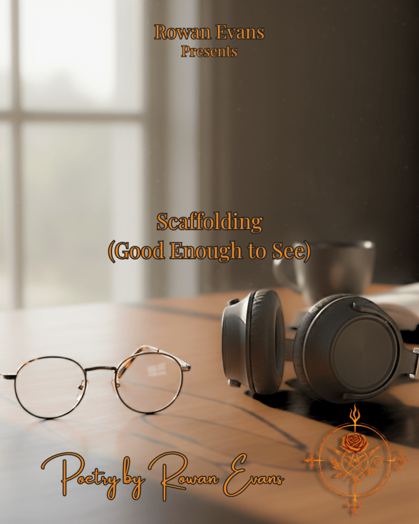 A pair of glasses sits on a desk next to a pair of wireless headphones, soft light being cast over them through a window.