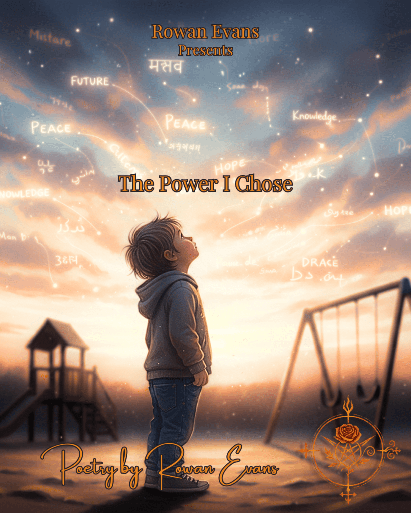 A child on a playground at sunset looking up at glowing words in different languages in the sky, symbolizing connection and fluency.