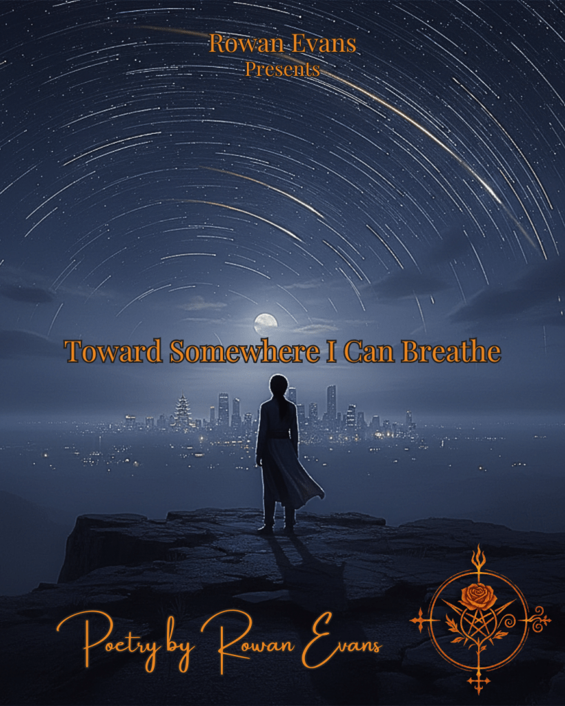 A lone figure looking toward a distant city skyline under a star-filled night sky, symbolizing longing and the search for home.