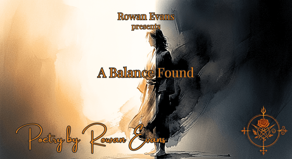 A symbolic image of a person standing between light and shadow, representing balance between different parts of the self.