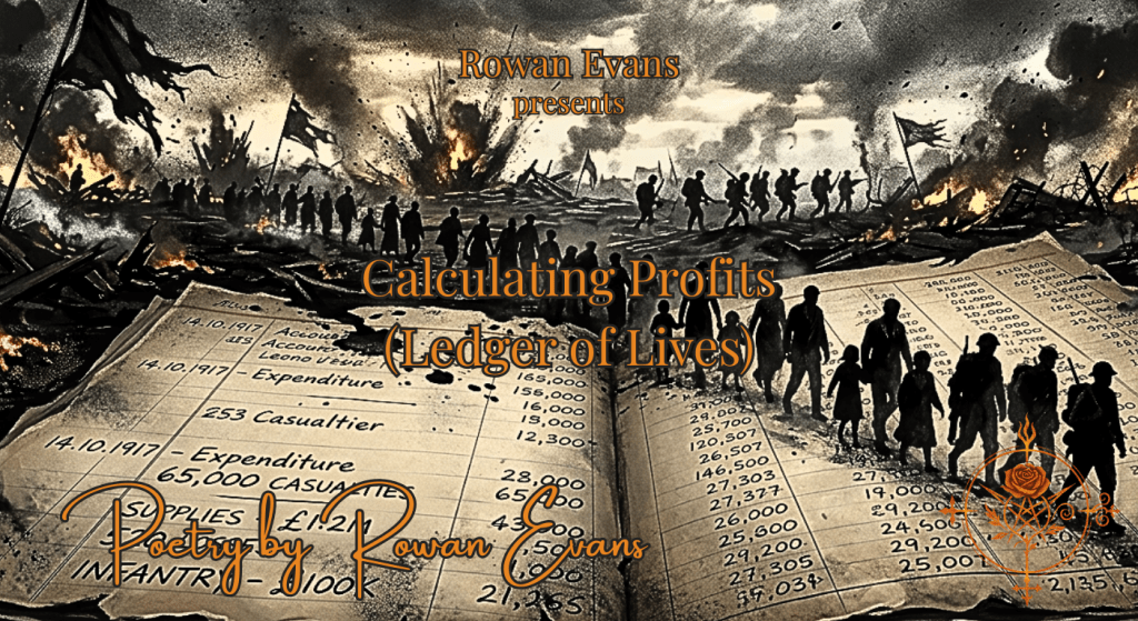 Conceptual illustration of a battlefield fading into an accounting ledger, symbolizing the human cost of war being reduced to numbers.