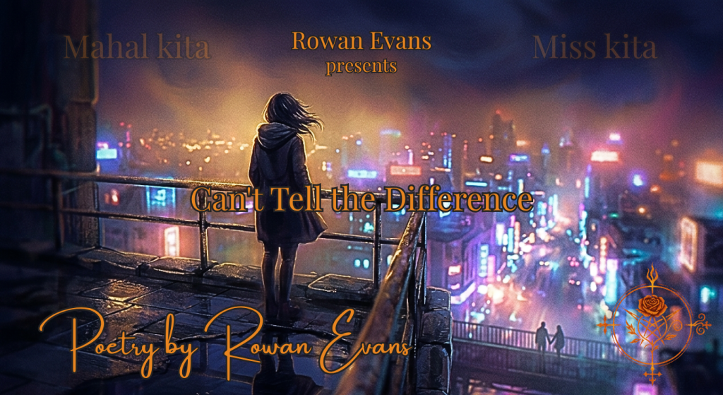 Person standing above a glowing city at night, with blurred dreamlike figures walking hand-in-hand below, symbolizing the line between memory and reality.