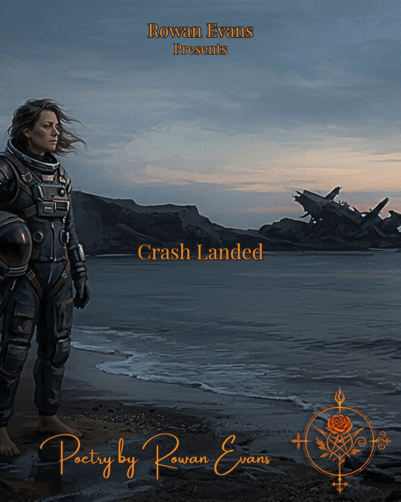 Lone astronaut standing near shoreline at dusk with distant crashed spacecraft.