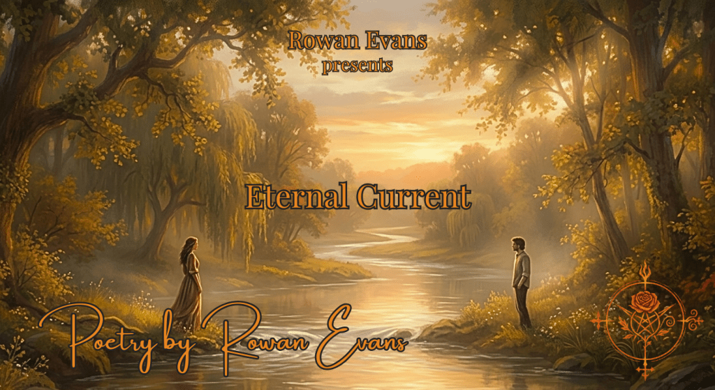 Two figures beside a sunlit river, connected by an ethereal, flowing current symbolizing love.