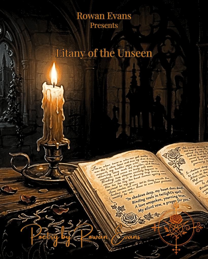Open journal with handwritten poetry illuminated by candlelight in a dark gothic atmosphere symbolizing quiet devotion and longing.