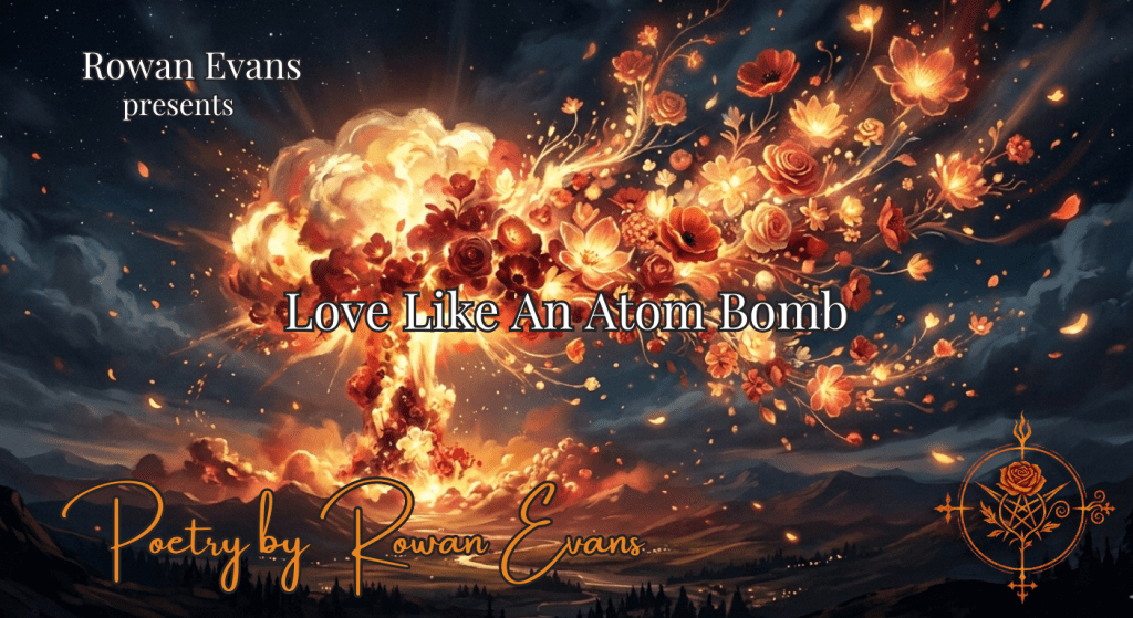 Surreal illustration of a glowing atomic explosion transforming into blooming light and flowers, symbolizing the explosive and transformative power of love.