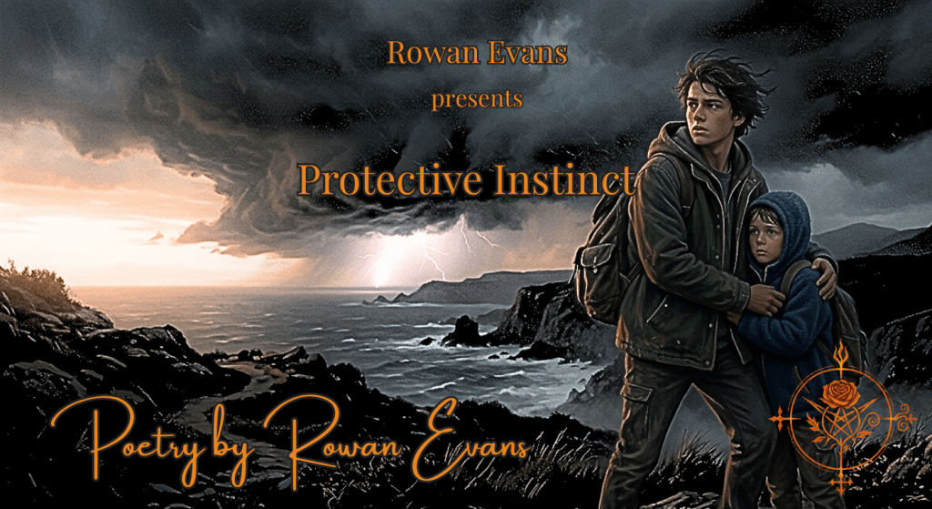 Older teen standing protectively in front of a younger person during a storm, symbolizing care and responsibility