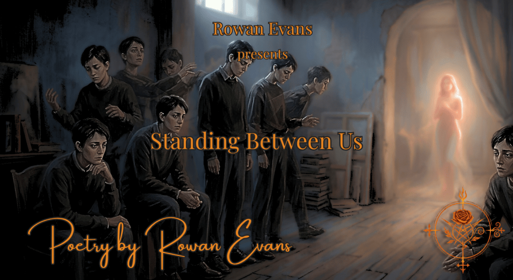 Multiple versions of a person standing in a dim surreal room with a distant glowing figure symbolizing identity and connection