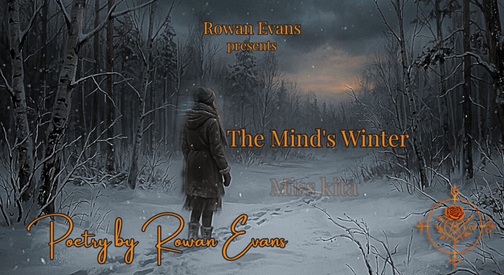 A lone figure stands in a quiet winter landscape, surrounded by bare trees and falling snow, symbolizing emotional withdrawal and introspection.