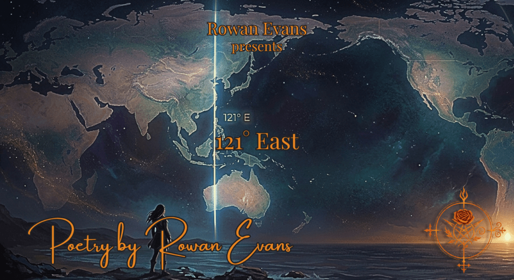 A glowing 121° East longitude line across a world map with a figure looking toward a distant light over the ocean.