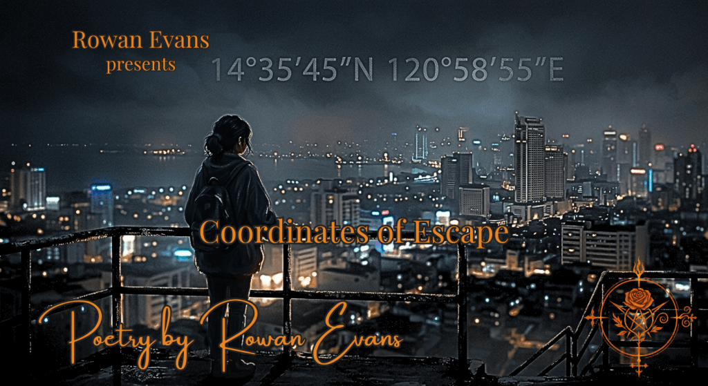 Person overlooking a city skyline at night with faint geographic coordinates in the sky, symbolizing introspection and escape.