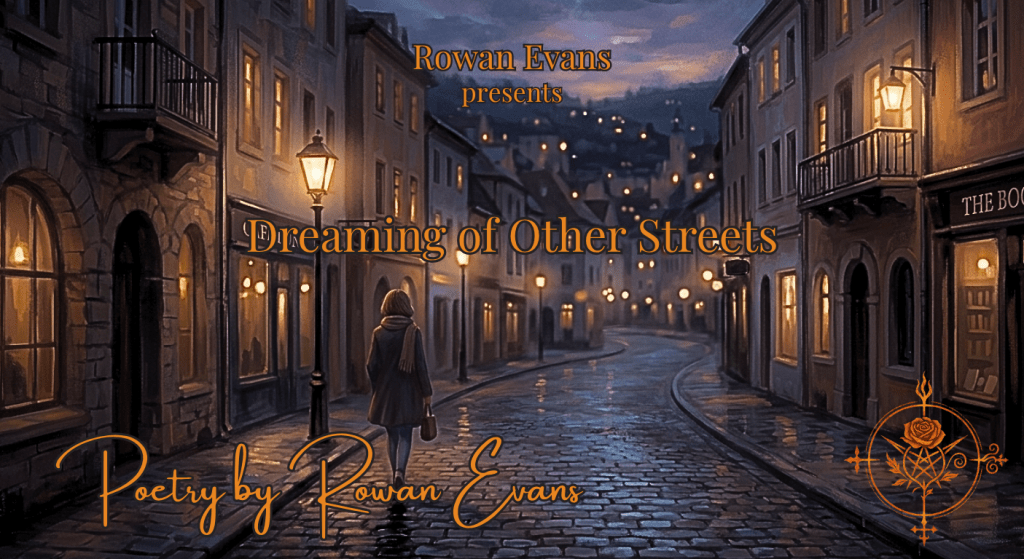 Dreamlike empty city street at dusk with a lone figure walking through a familiar yet unfamiliar place.