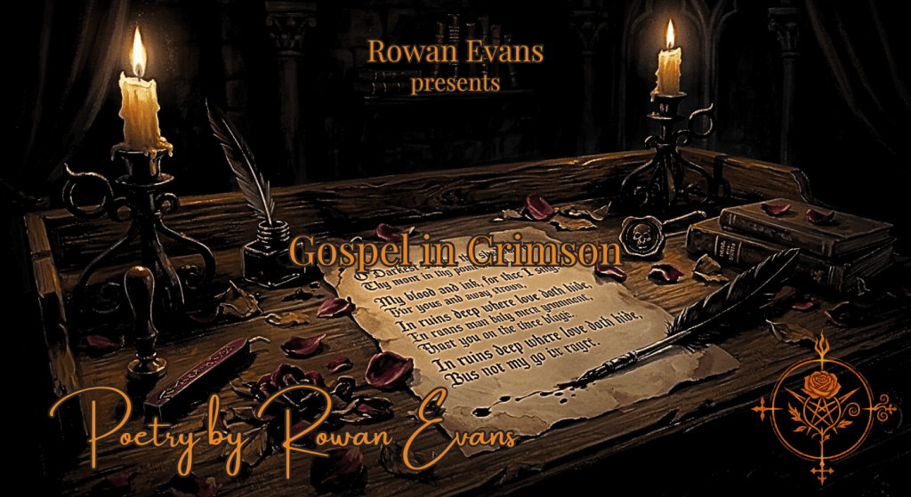 Gothic writing desk with rose petals and deep red ink symbolizing poetic devotion and dark romance