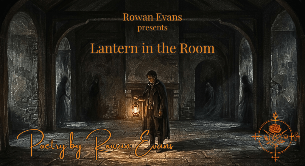 Person holding a glowing lantern in a dark empty room surrounded by shadowy figures, symbolizing inner demons and self-reflection.