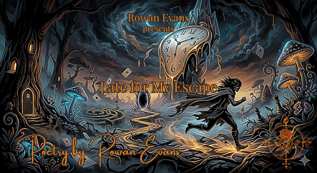 Person running through a surreal landscape with a distorted clock symbolizing urgency and escape.