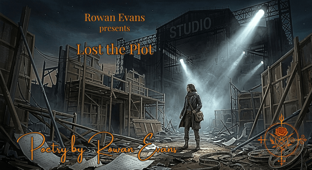 Person standing on a broken film set with scattered reels and a looming studio above, symbolizing loss of identity and control