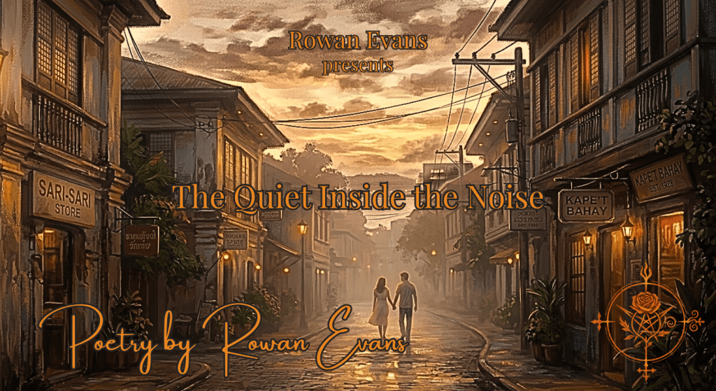 Couple walking down a warm city street at sunset with soft light and humid atmosphere.