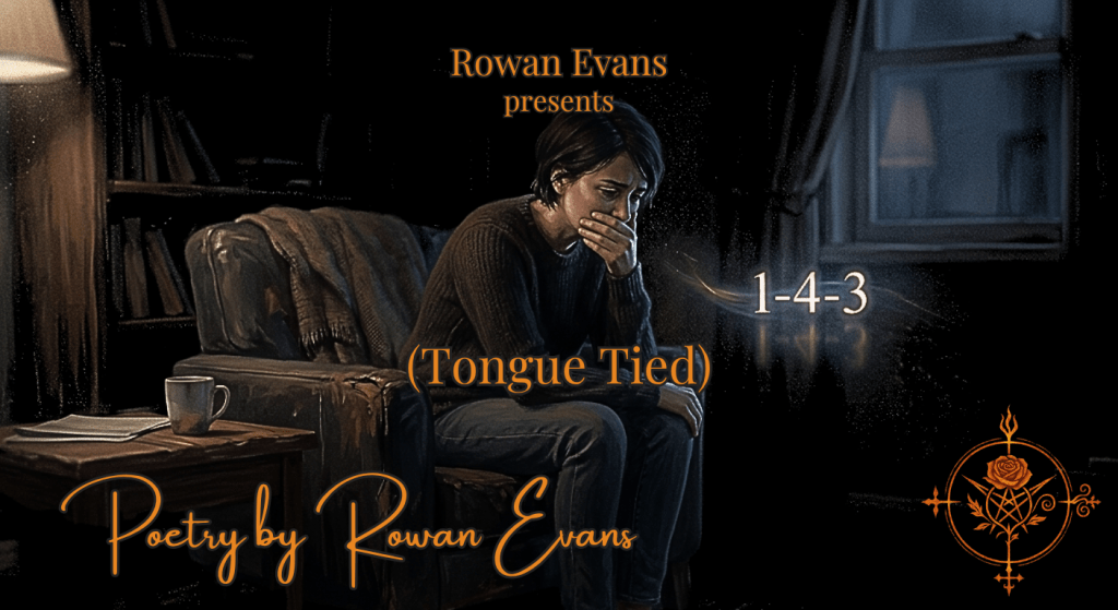 Person sitting in a dim room holding back words with faint glowing 1-4-3 numbers symbolizing unspoken love.