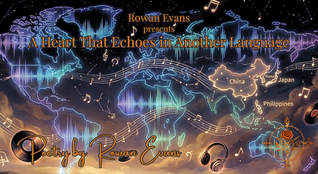Glowing world map formed from sound waves connecting Japan, Korea, China, and the Philippines with floating musical elements in a dreamlike sky.