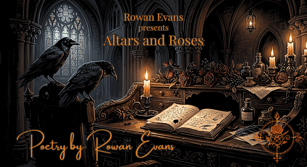 Gothic writing desk with roses, candles, ravens, and handwritten poetry