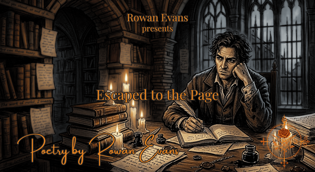 A poet writing alone in a dark cathedral-like room filled with books, candles, and scattered pages.