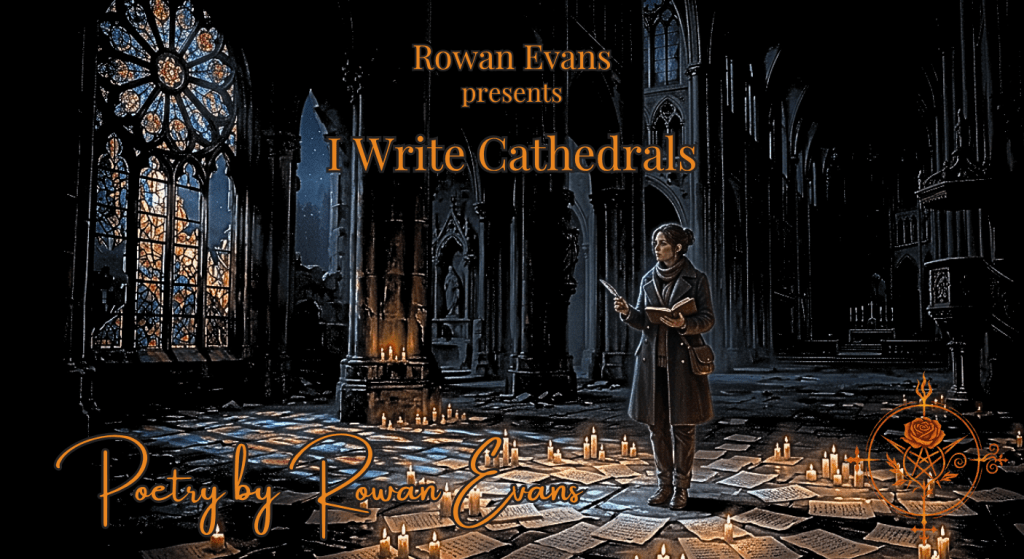 A writer standing inside a dim Gothic cathedral surrounded by candles and handwritten poetry pages.
