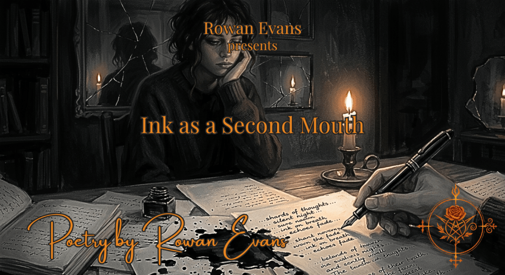 A writer sitting beside scattered handwritten pages and spilled ink in a dimly lit room.