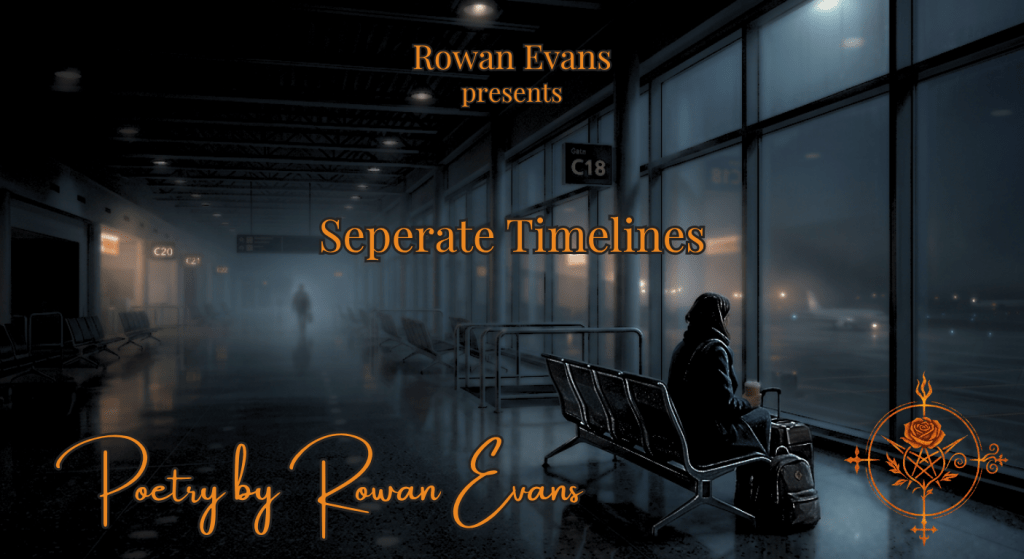 A solitary person sits alone inside an empty airport terminal at night while distant runway lights glow outside.