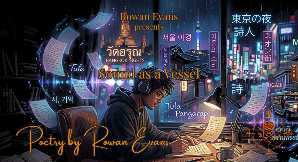 A poet wearing headphones sits surrounded by music, poetry pages, and dreamlike international city lights blending together.