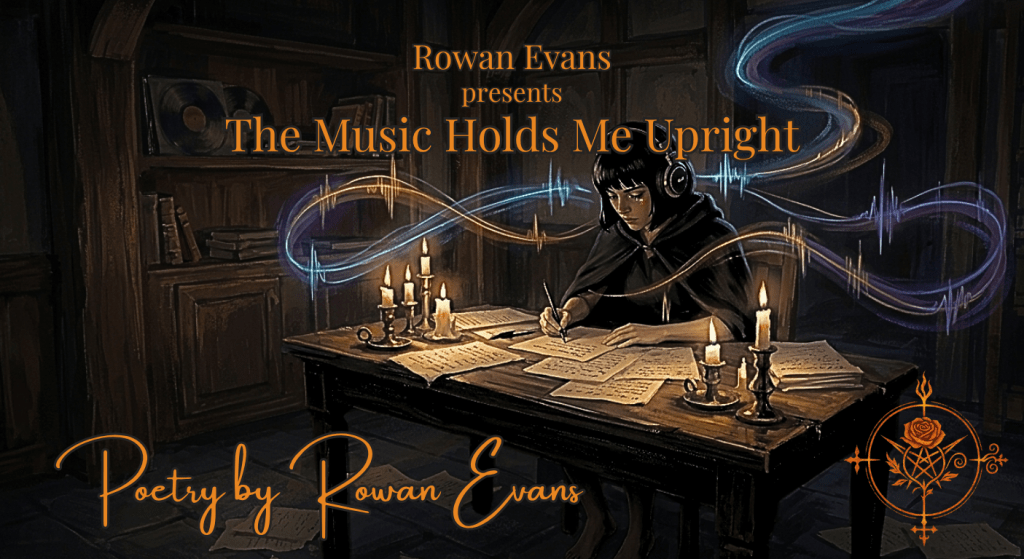 Person writing poetry in a dimly lit room surrounded by music-inspired imagery and candlelight