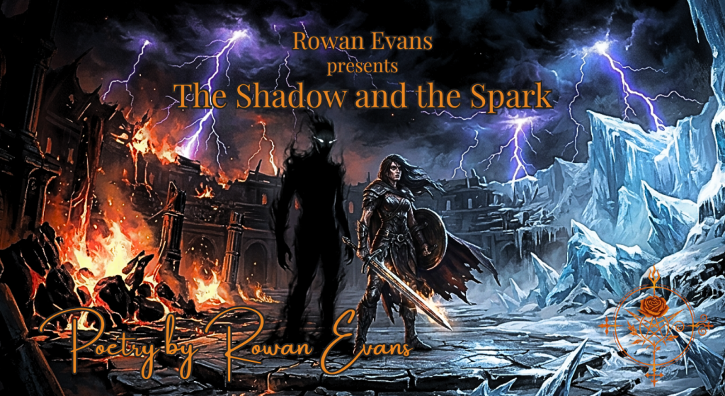 Figure standing beside their shadow in a supernatural arena of fire, ice, and lightning