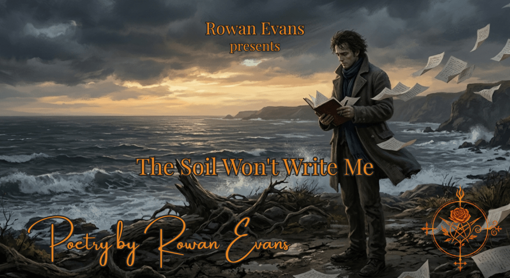 A solitary figure stands near the ocean at dusk holding a notebook while storm clouds part above exposed roots in cracked earth.