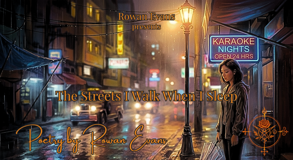 A solitary figure stands on a rain-soaked city street at night beneath warm lights in a dreamlike urban atmosphere.