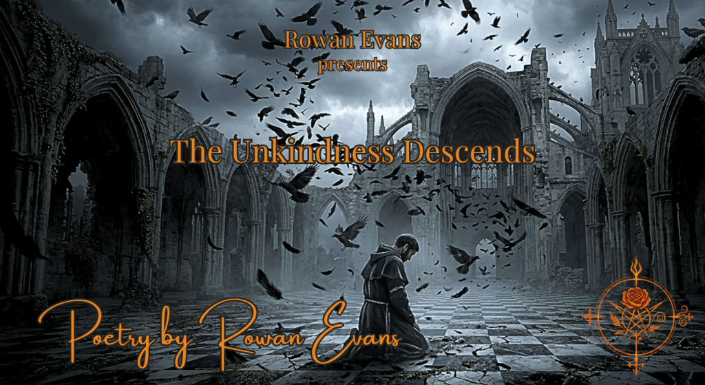 A lone figure surrounded by ravens on broken marble in a dark Gothic setting.