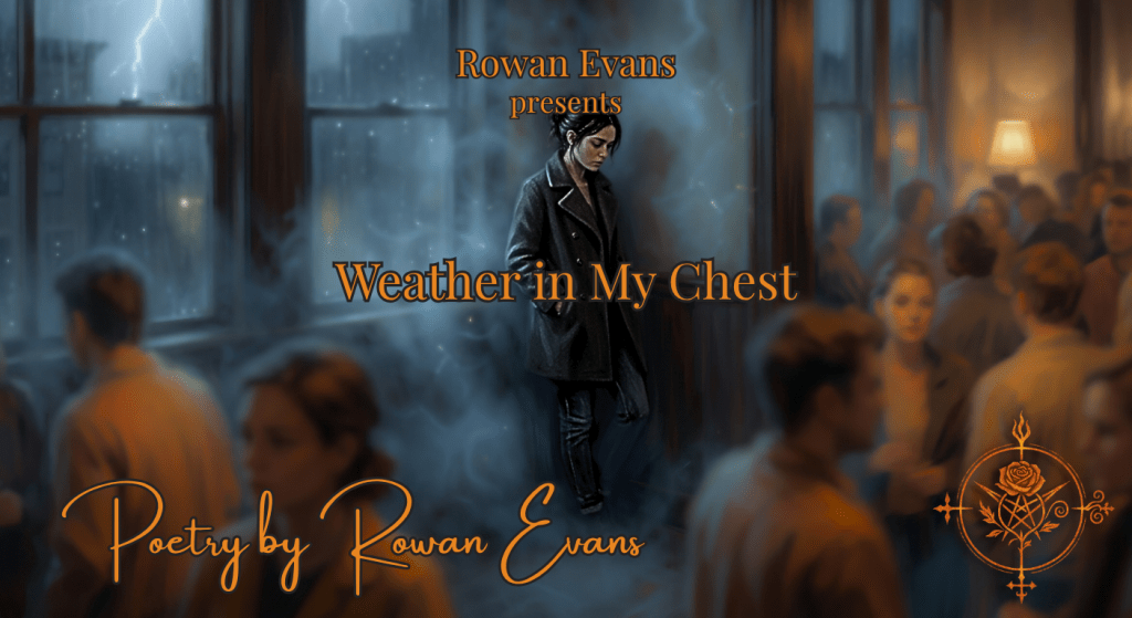 A solitary figure stands quietly in a crowded room as storm clouds and atmospheric tension subtly gather around them.
