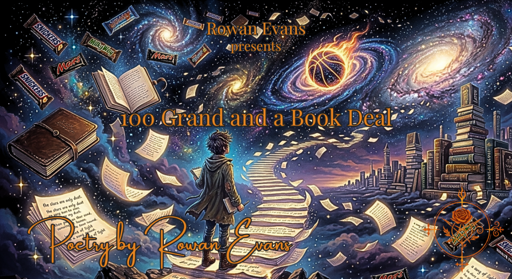 A poet stands in a cosmic landscape surrounded by floating candy bars, stars, books, and galaxies, symbolizing creativity, ambition, and a lifetime of writing.