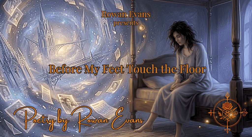 A woman sits on the edge of her bed between waking and dreaming as a surreal dream-world fades around her.