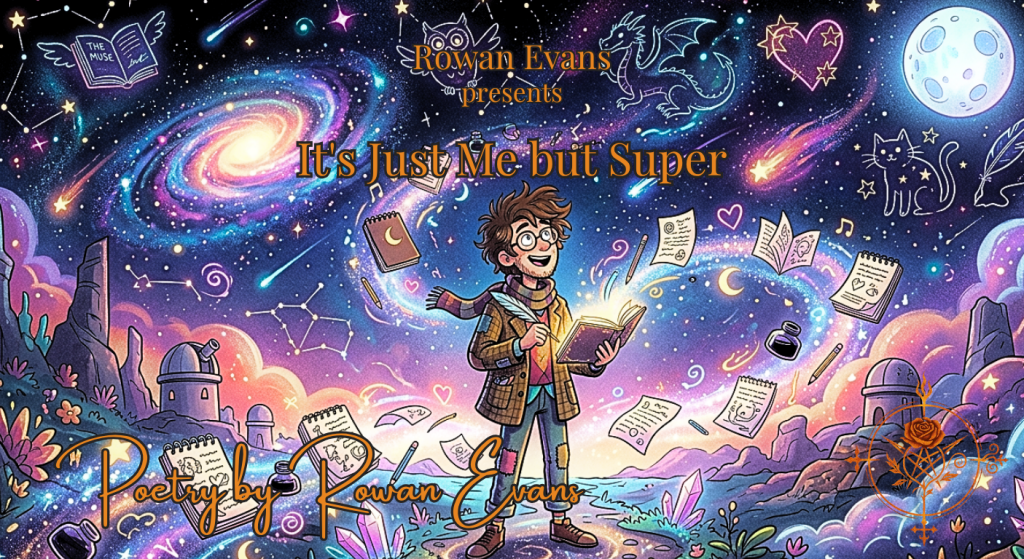 A whimsical poet standing beneath a galaxy-filled sky surrounded by glowing constellations, notebooks, and symbols of imagination.