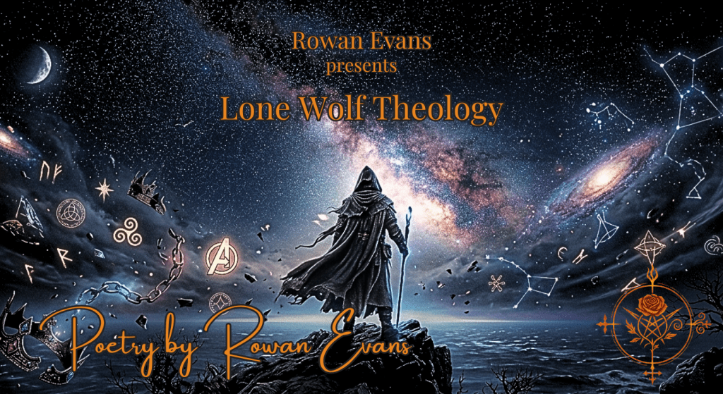 A solitary figure standing on a cliff beneath a star-filled sky surrounded by symbols of mythology, destiny, and freedom.