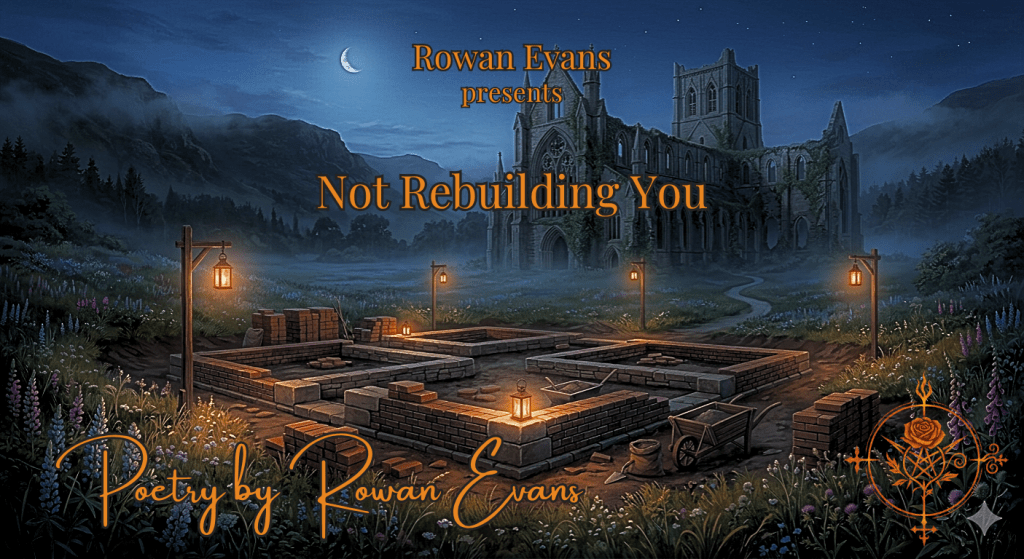 A new foundation being built beside old ruins at twilight, symbolizing healing, trust, and creating a safe future through love.