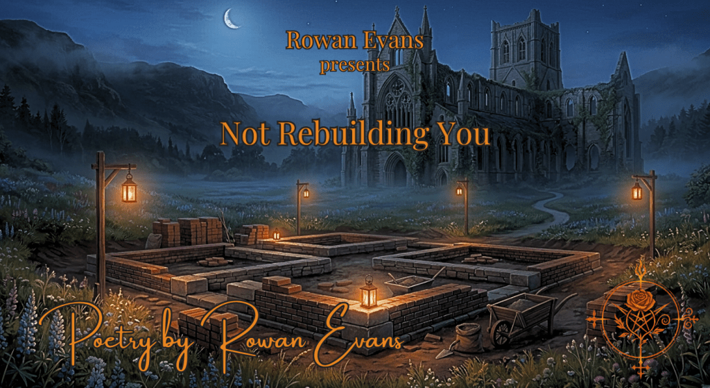 A new foundation being built beside old ruins at twilight, symbolizing healing, trust, and creating a safe future through love.