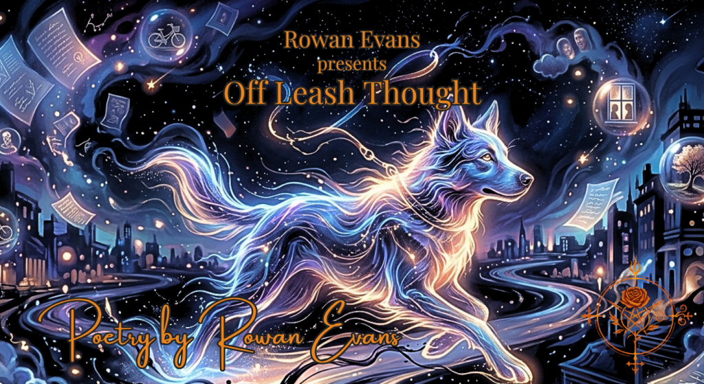 A glowing ethereal dog made of light and ink runs freely through a surreal night cityscape filled with floating pages and abstract thought imagery.