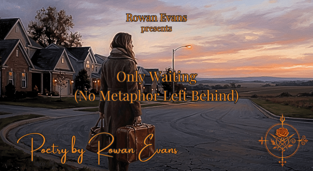 A traveler stands at the edge of a familiar neighborhood looking toward a distant horizon with a suitcase in hand.